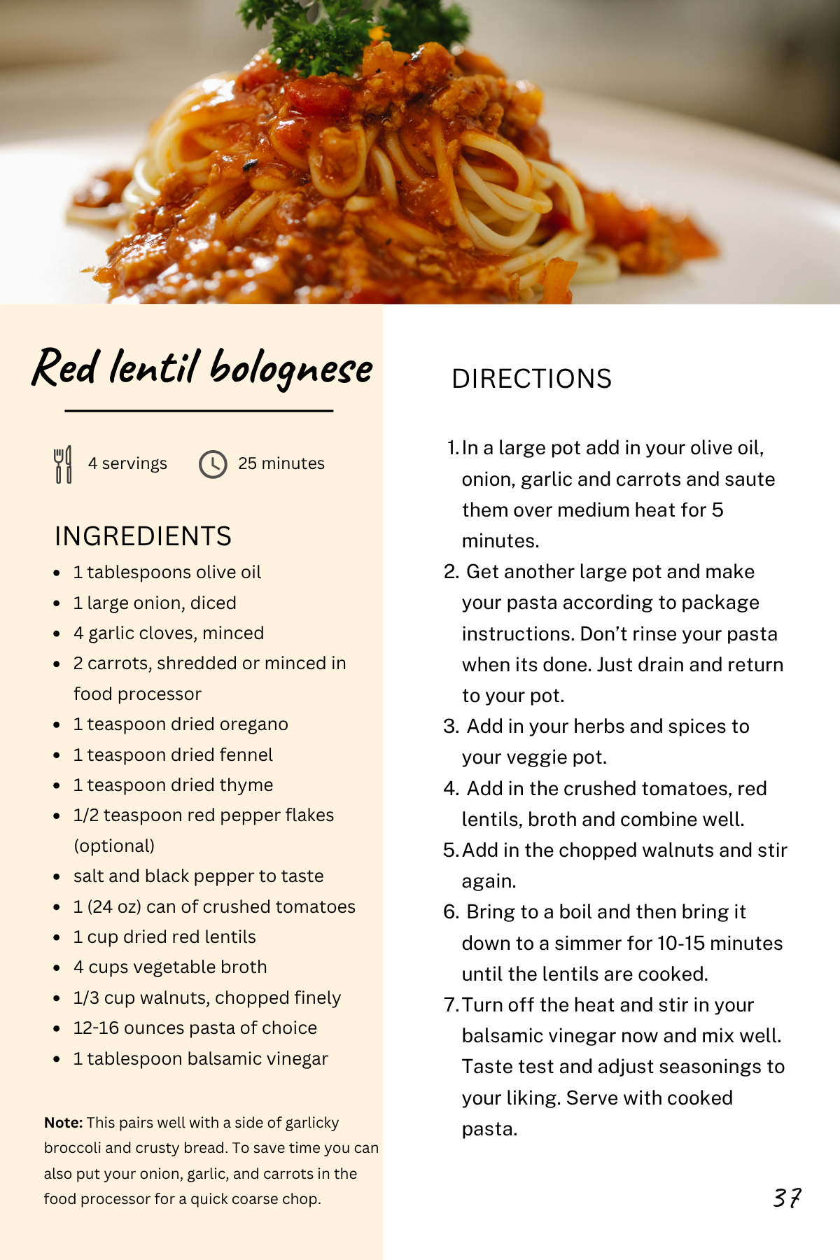 Everyday Plants recipe page for red lentil bolognese