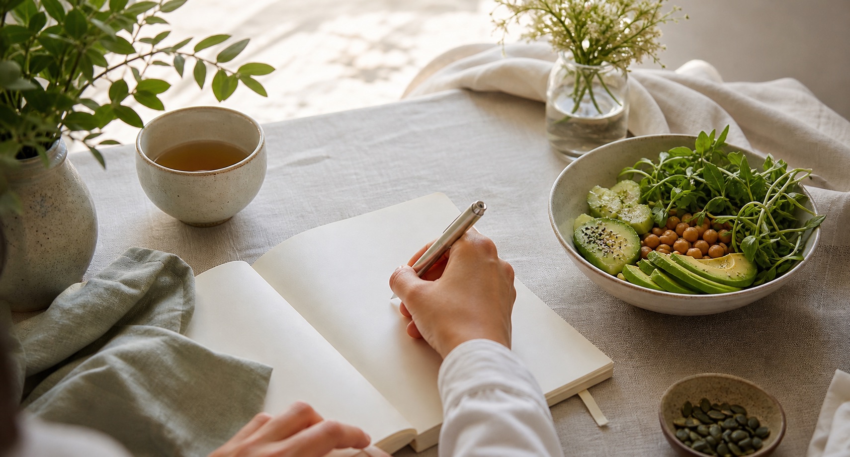 Hands writing in a journal near tea, a plant, and a nourishing snack.