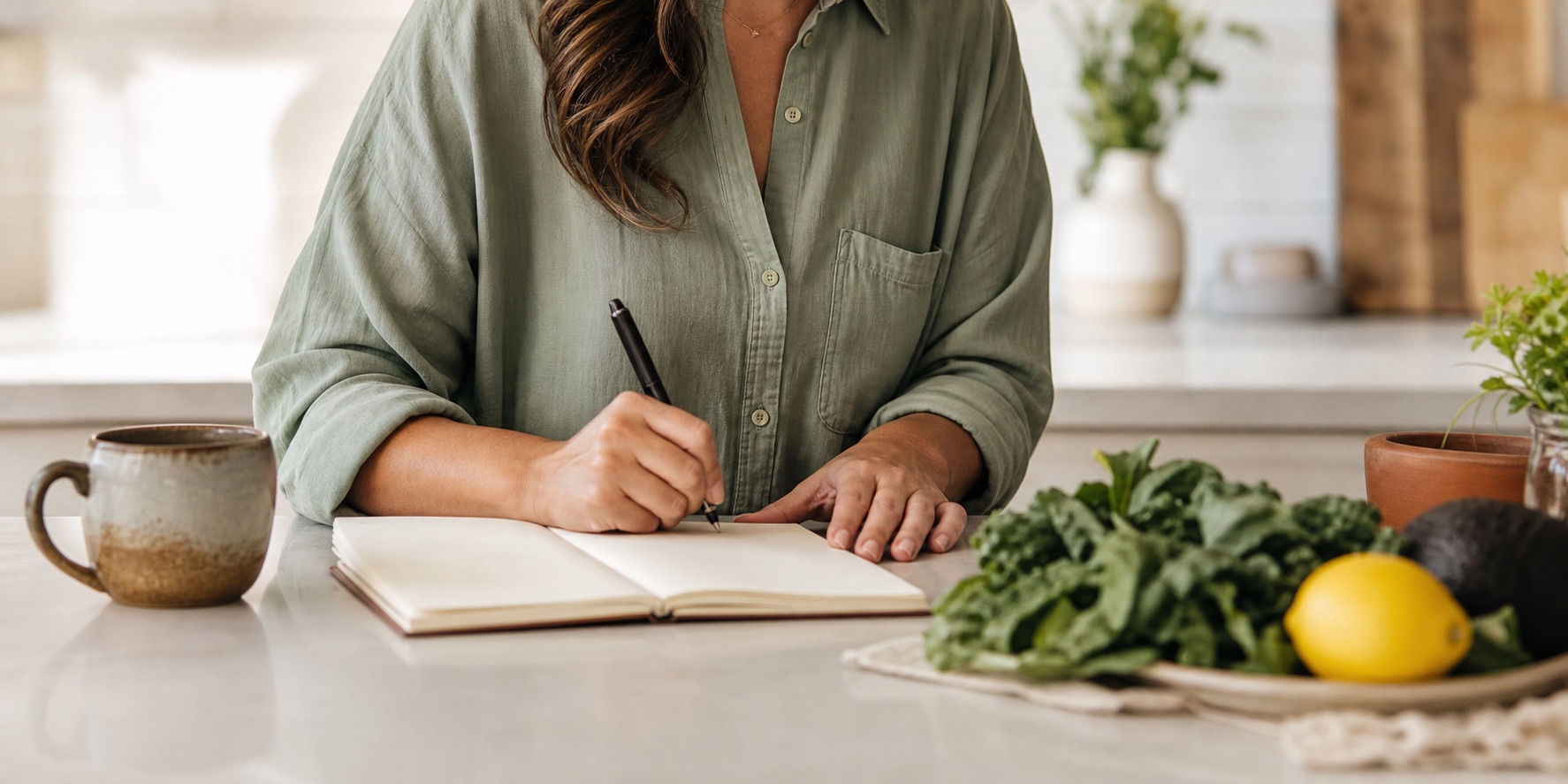 A calm founder-style scene with hands writing at a kitchen counter.