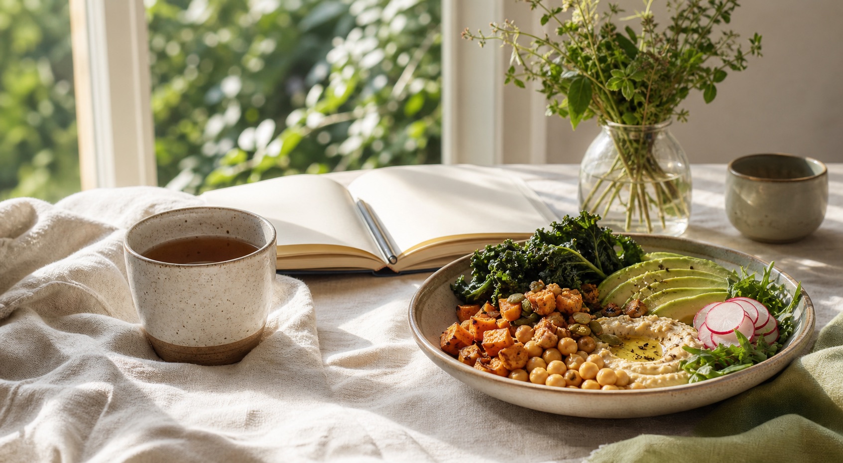 A peaceful sunlit table with tea, a journal, herbs, and a colorful plant-forward plate.
